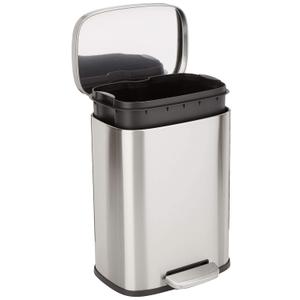 Amazon Basics SMALL Trash Can, 3.1 Gallon (12L), Smudge Resistant Rectangular Bin with Soft-Close Lid, Step Foot Pedal, Removable Inner Bucket, Brushed Stainless Steel, Satin Nickel Finish