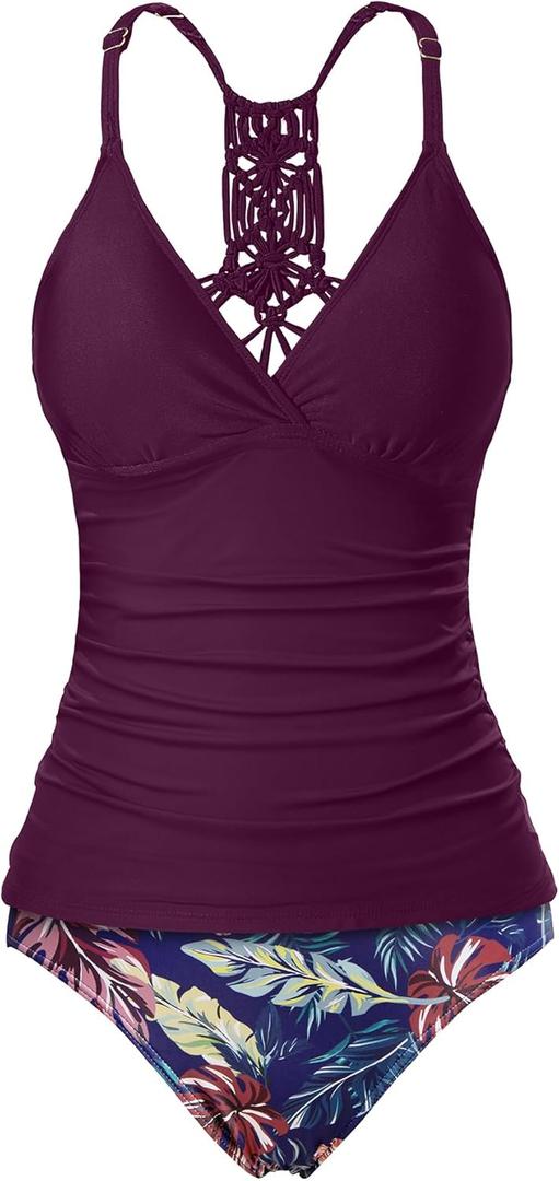 Holipick Tummy Control Two Piece Tankini Set Swimsuits for Women V Neck Tankini Top Bathing Suits with Swim Bottom (L)
