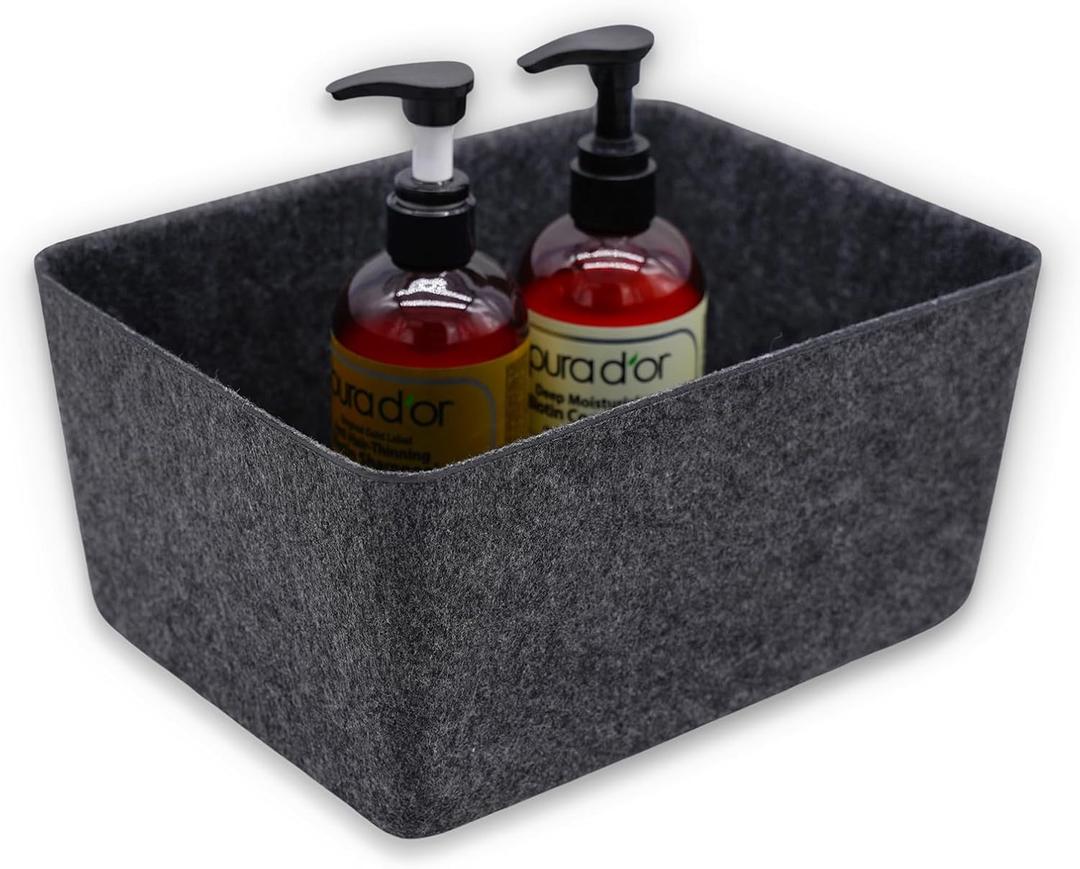 Welaxy Felt Deep Wider Storage Bins lidded Drawer Organizer Caddy for junk stuff stationery makeup jewelry closet bathroom minimalist lifestyle (Charcoal Bin, M)