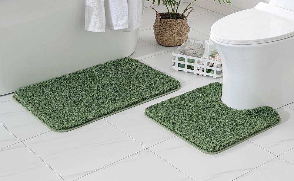 MIULEE Microfiber Bathroom Rugs and Mats Sets 2 Pieces Extra Thick Non Slip Bath Mat and U-Shaped Contour Toilet Rug for Bath Room Floor Restroom, 20"x30"+20"x20", Moss Green
