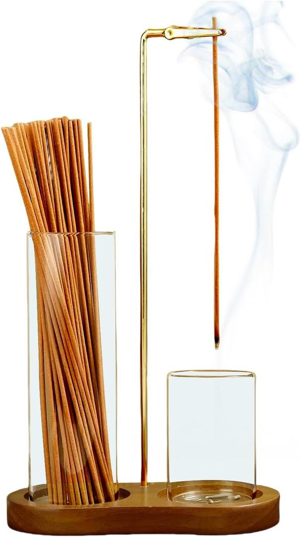 2 in 1 Incense Holder for Sticks, Anti-Ash Flying Incense Burne with Glass Ash Catcher and Incense Sticks Organizer for Meditation Yoga Spa Home Decor (Dark Base)