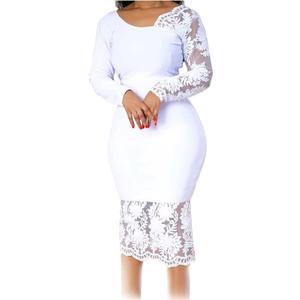 Cololura Women Elegant Floral Lace Patchwork Long Sleeve Evening Gown Party Cocktail Bodycon Dress (White, XL)
