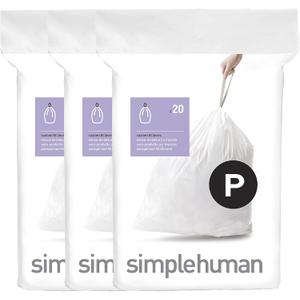 simplehuman Code P 60 Count, Dispenser Pack Custom Fit Liners, Drawstring Trash Bags, 50-60 Liter / 13-16 Gallon, White