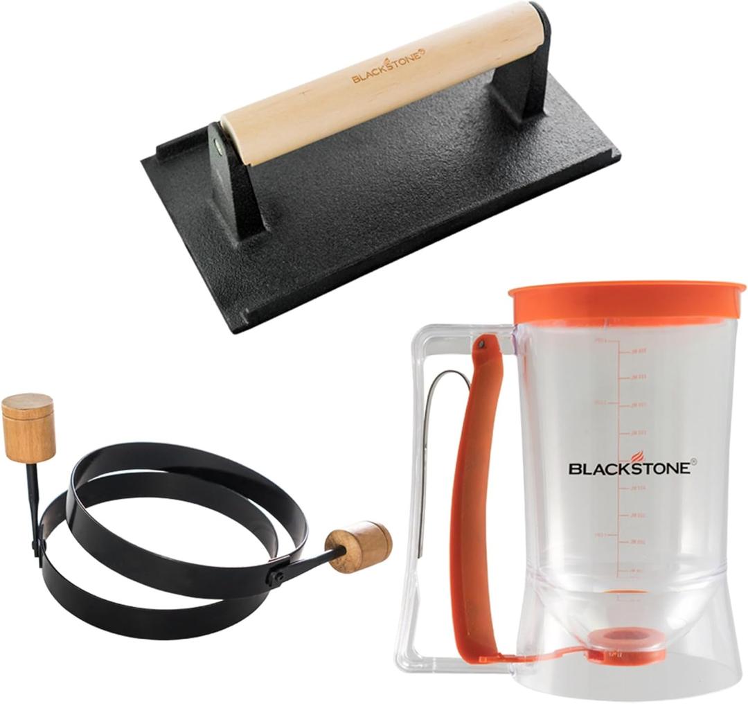 Blackstone 1543 4-Piece Griddle Breakfast Kit with Batter Dispenser, Bacon Press, and Two Egg Rings