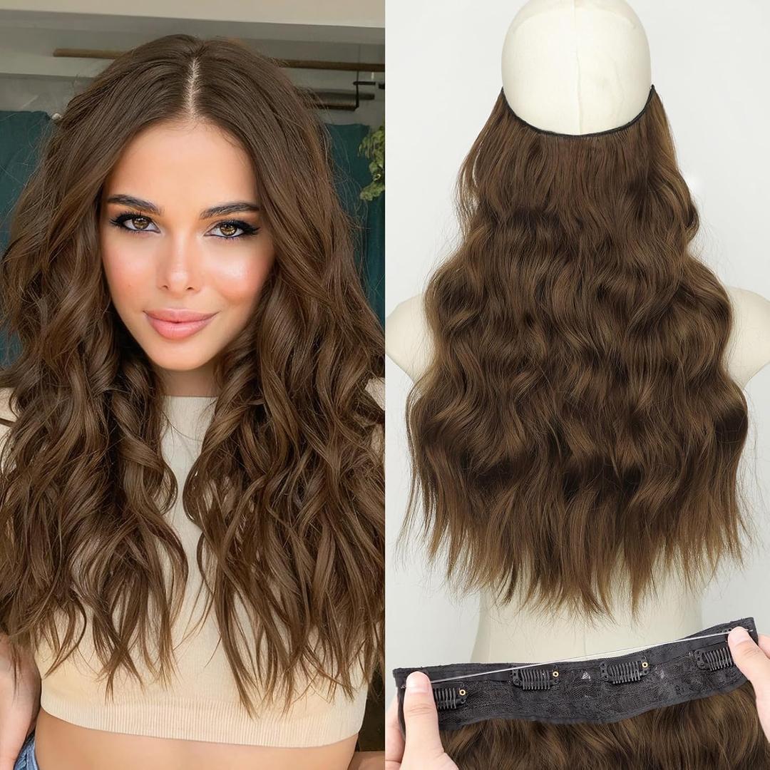 KooKaStyle Invisible Wire Hair Extensions with Transparent Headband Adjustable Size 4 Secure Clips Long Wavy Secret Wire Hairpiece for Women (16 Inch, Chestnut Brown)