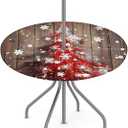 YGPARK Outdoor Fitted Round Table Cloth with Umbrella Hole, Xmas Tree Wooden Circle Elastic Tablecloth 36"-44" Waterproof Zipper Patio Table Cover for Picnic Camping Party Christmas Decoration