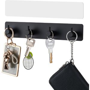 Key Holder with 4 Hooks,Key Hanger Organizer for Wall Mount with 2 Self-Adhesive Tapes,Metal Key Rack for Entryway, Door, Bathroom, Kitchen(Black)