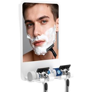 Shower Mirror for Shaving Fogless with Multifunctional Storage for Razor and Shaving Foam Canister, Adhesive or Screw Optional Installation,Adjustable Angle, White