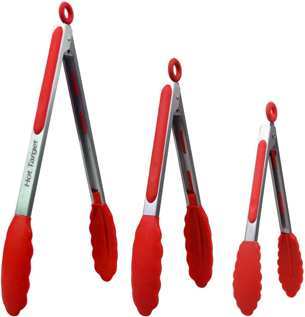Set of 3 (7, 9, 12 inches) Kitchen Tongs for Cooking - Heavy Duty & Non-Stick with Stainless Steel - Kitchen Tongs with Silicone Tips - Heat Resistant Long Food Tongs for Grilling BBQ - Red