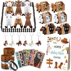 44 Pcs Adopt a Horse Party Favors Include Stuffed Farm Animals Foldable Boxes Adoption Card Fence Silicone Bracelet Keychain Sticker for Pony Themed Party Favor Supplies Decoration