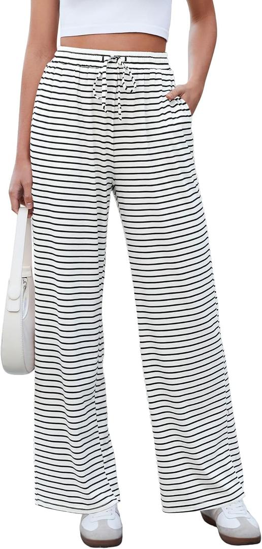 GRAPENT Striped Wide Leg Pants Woman High Waisted Pull On Elastic Waist Casual Lounge Comfy Loose Fit Pants with Pockets (X-Large)