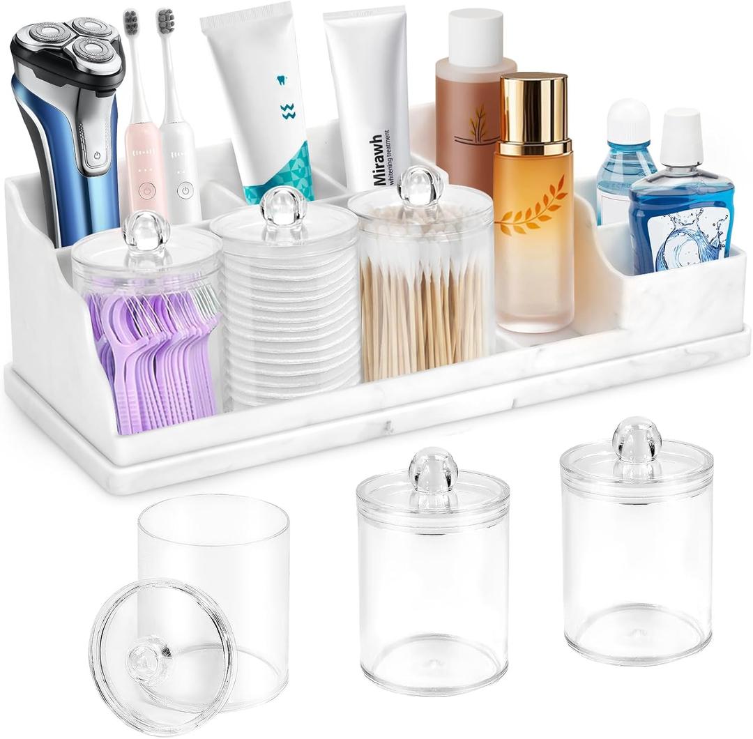 Bathroom Counter Organizer, Large White Silicone Toothbrush Holders for Bathrooms with 3PCS Qtip Holder, Bathroom Organizer Countertop Toothbrush and Toothpaste Holder for Makeup Organizer for Vanity