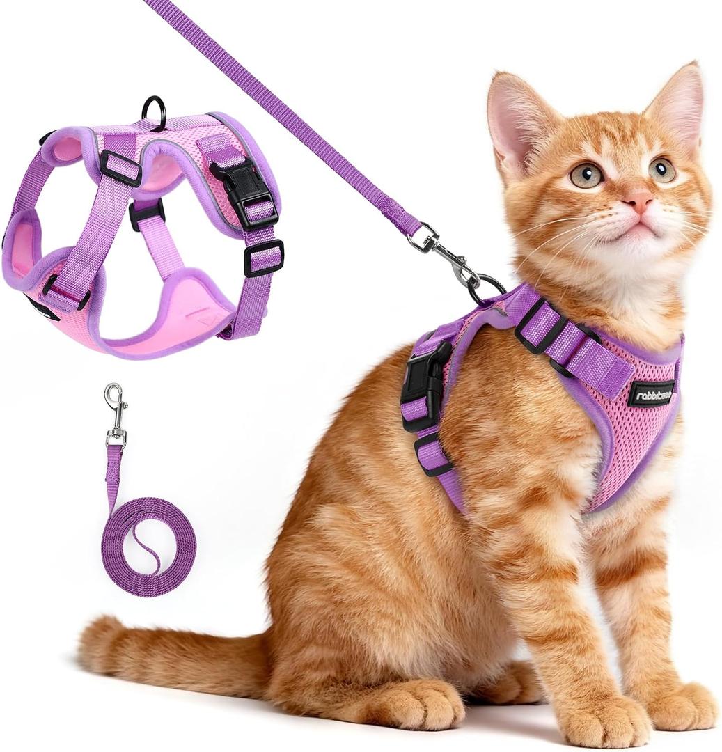 rabbitgoo Cat Harness and Leash Set, Escape Proof Soft Adjustable Vest Harnesses for Outdoor Walking, Easy Control Breathable Kitten Jacket with Reflective Strips, Pink & Purple, XS