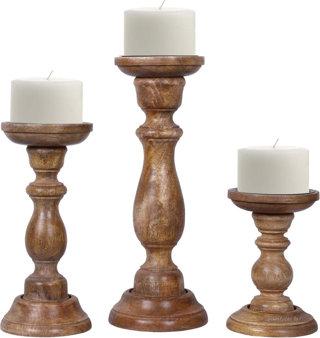 Mela Artisans Medium Polish Hand Carved Wooden Pillar Candle Holders - Set of 3 | Tuli Decorative Style | Crafted from Mango Wood | Rustic Table Centerpiece Decor | Sized 6", 9" and 12"