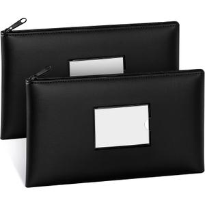 SMARTAKE Money Bags with Zipper, 2-Pack Bank Bags with Label, Waterproof Leather Money Pouches, for Cash Coin Bill Invoice Deposit Receipt Storage and Organize, 11.5 x 6.2 Inches (Black)