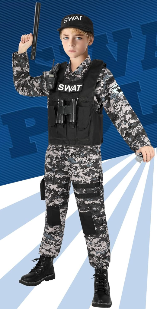 Luucio SWAT Police Costume for Kids, Kids Police Costume for Boys with SWAT Vest, Halloween Gifts for Boys 3-12, L
