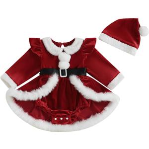 Newborn Baby Girl Christmas Outfit Ruffle Long Sleeve Red Velvet/Plaid Romper Dress Xmas Cute Fall Winter Clothes (12-18 Months)