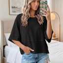 Aisongyuan Womens Fashion T-Shirt Crewneck 3/4 Sleeves Solid Color Loose Basic Tops Summer Casual Tees Blouses(Black,L)