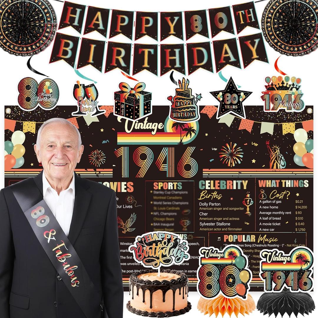 Vintage 80th Birthday Decorations - 14 Pcs Back in 1946 Retro Sunset Party Banner Centerpieces Cake Topper Sash Hanging Swirls Paper Fans Set Cheers Happy Bday Decor Supplies for Men Women