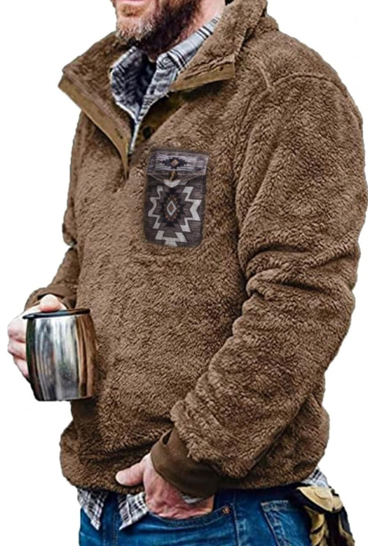 Beotyshow Mens Aztec Fleece Jackets Fuzzy Sherpa Pullover Sweatshirts Winter Coats Western Vintage Sweaters with Pocket, Large, Brown