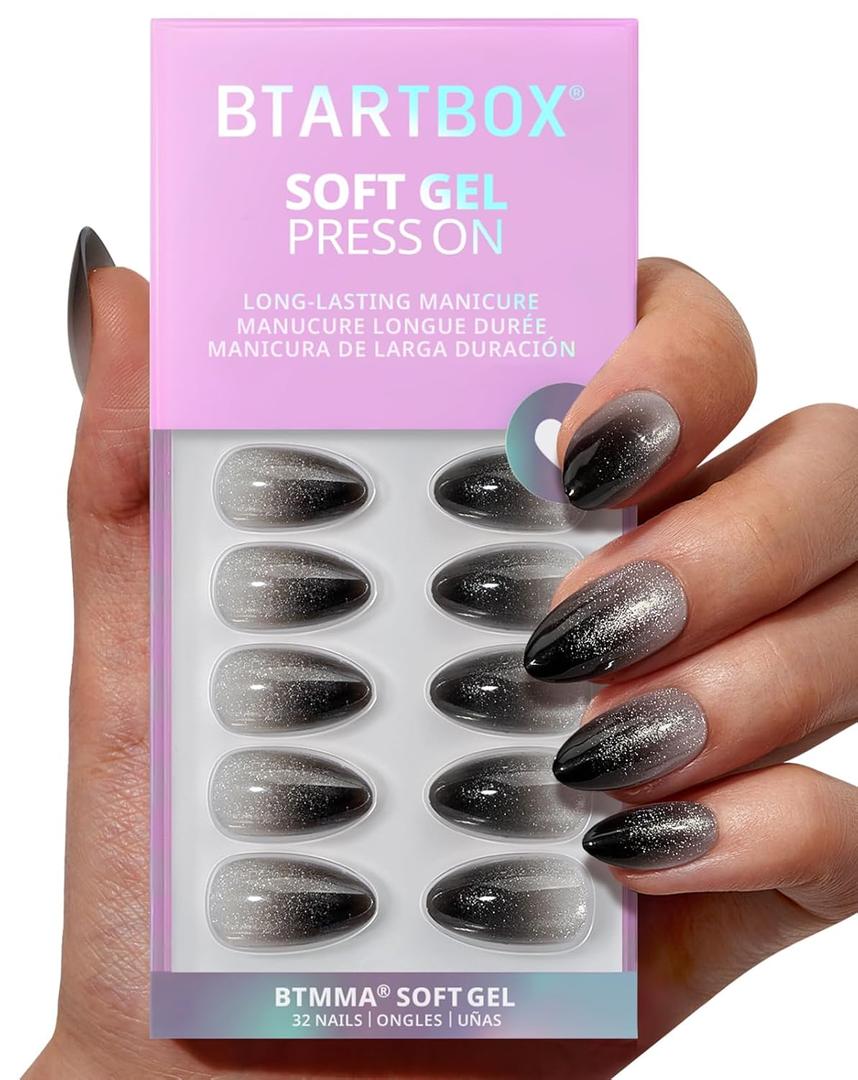 BTArtbox Press On Nails Short  Grave Shine, Sparkle Black Almond Press On Nails with Nail Glue, Soft Gel Glue On Nails in 16 Sizes  32 Stick On Nails Kit