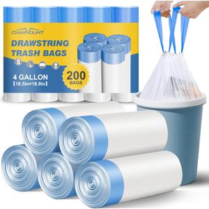Charmount Small Trash Bags 4 Gallon, 200 Count Drawstring Mini Garbage Bags, Plastic Trash Can Liners for Bathroom Accessories, Bedroom, Dorm Room Essentials, Office