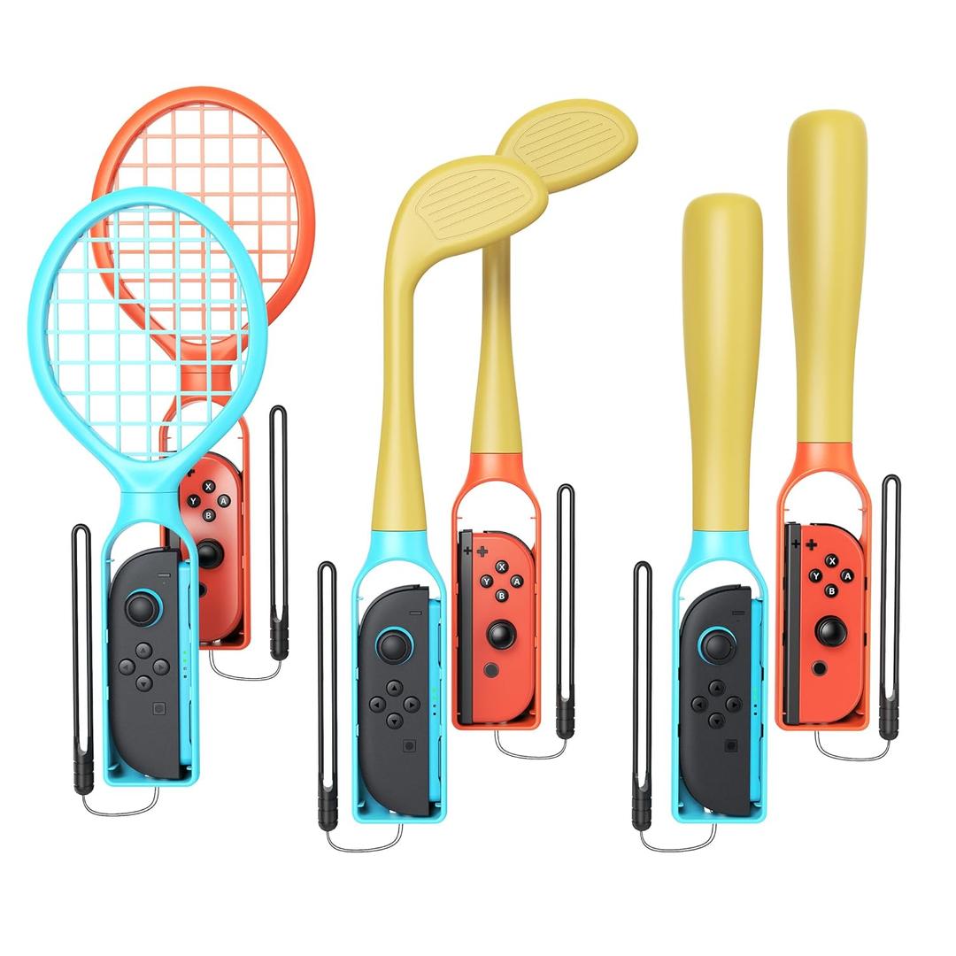 [Fit For switch1/2] 6 in 1 Sports Games Accessories Bundle Set for Nintendo Switch2/Switch1/Switch OLED controller, Family sport party kit for Joycon1/2 with Tennis Rackets, Golf Clubs, Baseball Bat