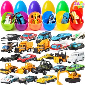 JOYIN 24 Pcs Prefilled Easter Eggs with Cars, Vehicle Toys for Boys Kids Easter Party Favor Eggs Hunt/Basket Stuffers Fillers and Classroom Prize Supplies