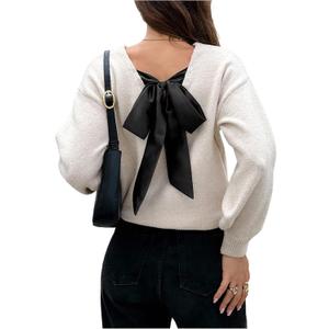 SOLY HUX Women's Long Sleeve Pullover Sweater Bow Tie Back Drop Shoulder Fall Knit Tops