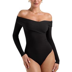PINKMSTYLE Sexy Mesh Off The Shoulder Bodysuits For Women Double Lined Long Sleeve Bodysuit Going Out Tops (Black, L)
