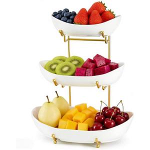 Ceramic Fruit Bowl for Kitchen Counter - 3 Tier Fruit Basket with Metal Stand, Tiered Fruit Stand for Countertop, Snack, Nuts, Cake, Dessert, Cute (Gold, Large)
