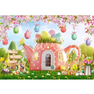 7x5ft Happy Easter Backdrops Eater Bunnies Carrot Colorful Eggs Flowers Tea Pot House Spring Easter Photography Backgrounds Boys and Girls Photo Studio Props Birthday Party Decorations