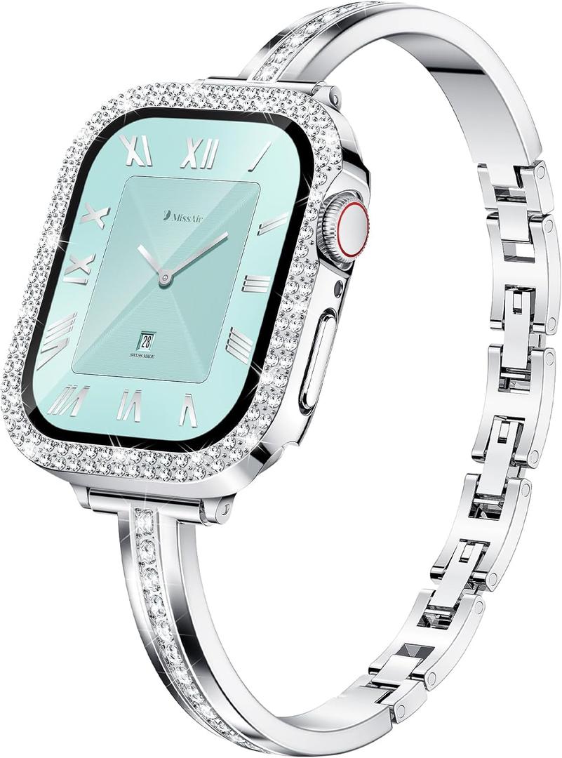 Missair Bands Compatible for Apple Watch Band 40mm 41mm 44mm 45mm with Screen Protector Case, Slim Metal Dressy Jewelry Bracelet Strap with Bling Diamond Cover for iWatch Series 9 8 7 6 5 4 for Women (Silver)