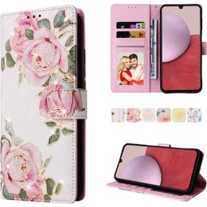 UEEBAI Wallet Case for Samsung Galaxy A14 5G, PU Leather Phone Case Kickstand RFID Blocking Flip Case with Card Slots Wrist Strap Relief Engraved Pattern Magnetic Closure Folio Case - White Rose