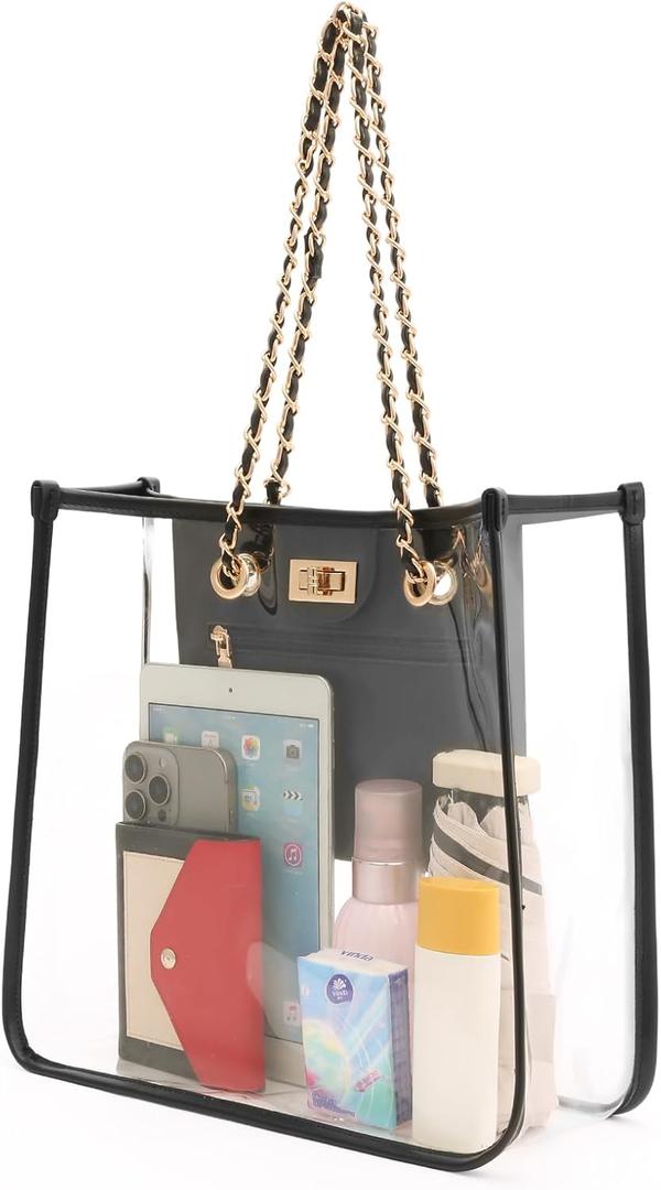 GOIACII Clear Tote Bag for Stadium Events Women Shoulder Handbag Purse with Chain Strap for Gym Beach Concert
