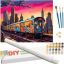 Cityscape Paint by Numbers Kit for Adults - DIY Graffiti Subway Train at Sunset Painting on Rolled Canvas 16x20 Inches, Acrylic Paint Set, Suitable for Beginners, Urban Art for Home Decor or Gifts