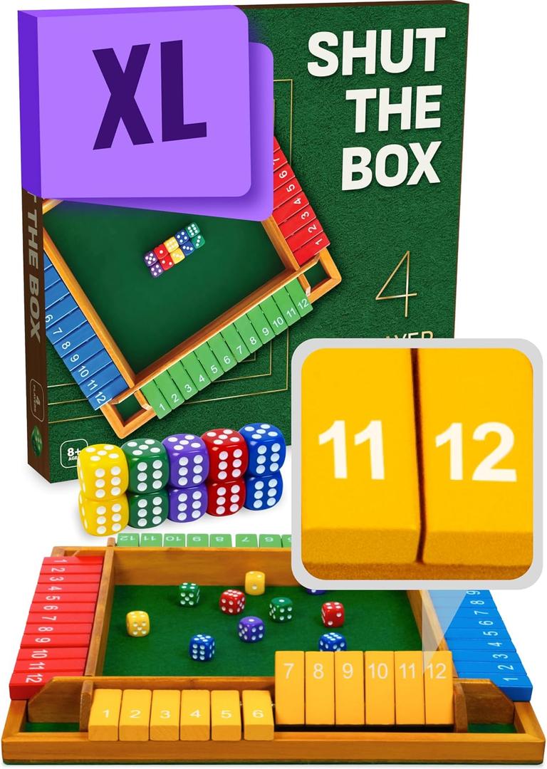 Large Shut The Box Game Wooden for 4 Players - Math Games -Family Games for Kids and Adults - 14-inch Close The Box Game 12 Numbers - Family Board Games, 8.86 x 8.86 x 1.34 inches