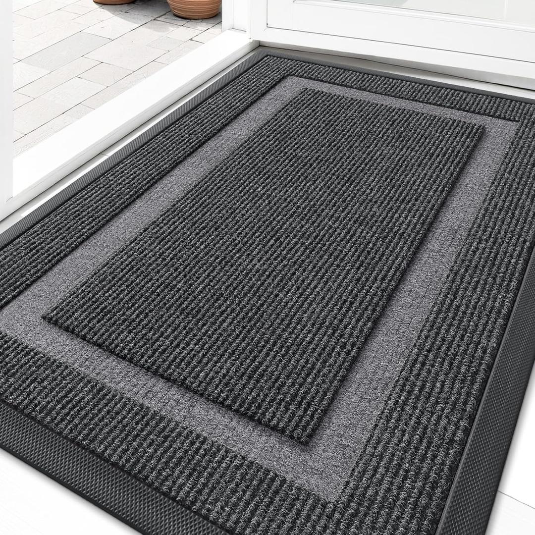 OLANLY Front Door Mat Indoor Outdoor Entrance, Waterproof All-Season, All-Weather Doormat, Sturdy Natural Rubber, Fade Resistant, Low Profile, Easy Clean Patio Porch Entryway Mat, 29.5x17, Grey