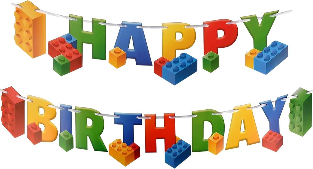 Building Block Birthday Party Supplies Banner by Aliza | Baby Boy Toddler Kids Birthday Decorations – Huge 7-feet Long Brick Themed Decor – The Perfect Decoration for Your Party