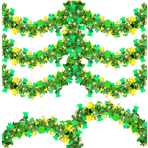 66 FT St Patricks Day Tinsel Garland Gold Green Shamrock Hat Garland Decorations, Shiny Metallic Hanging St. Patrick's Day Decors for Home Indoor Outdoor Party Supplies
