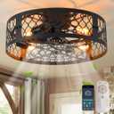 Garwarm 20in Caged Ceiling Fan with Light, Bladeless Black Fandelier Ceiling Fan Light Fixtures for Kitchen, Bedroom, Living Room (6 Speed, Timing)