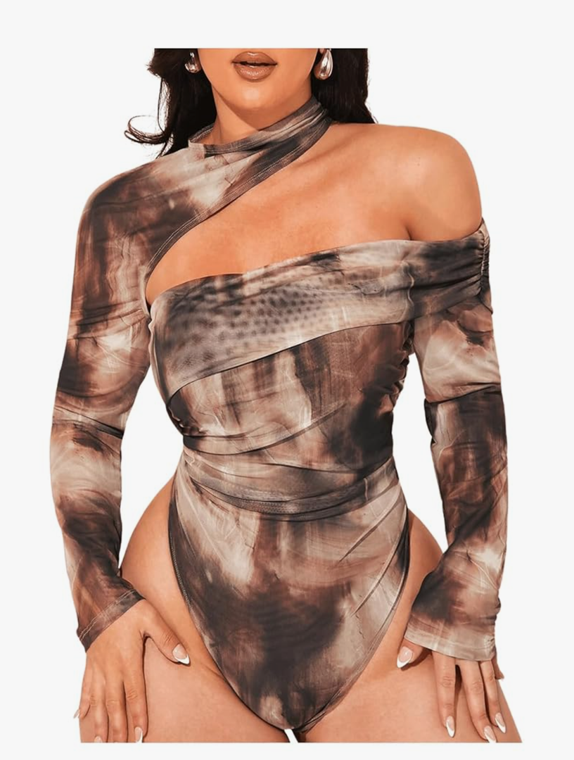 Floerns Women's Plus Size Tie Dye Asymmetrical Neck Long Sleeve T Shirts Bodysuit Tops Size XL