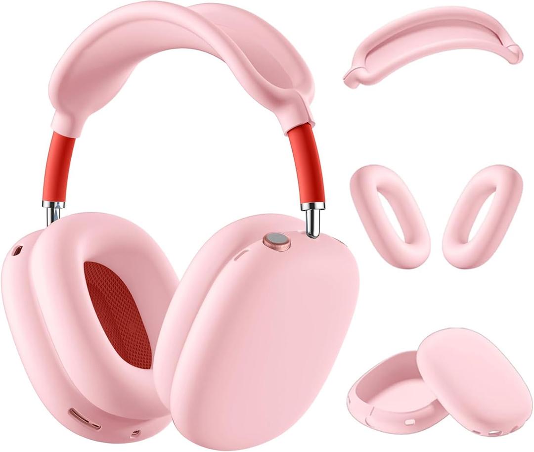 Silicone Case Cover for AirPods Max HeadphonesAnti-Scratch Ear Cups Cover/Ear Pad Case Cover/Headband Cover 3 in 1 Accessories Silicone Protector for Apple AirPods MaxPink