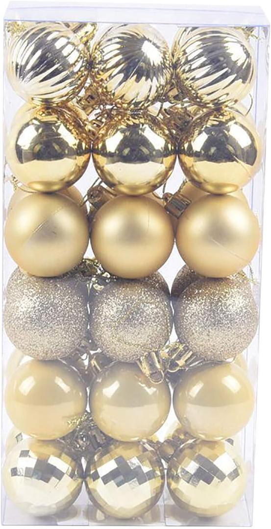 36PCS Mini Christmas Balls Ornaments Christmas Tree Decorations 1.6" Shatterproof Plastic Colored Glitter Hanging Ball Holiday Decorative Balls for Halloween Wedding Party Home Decor, Gold