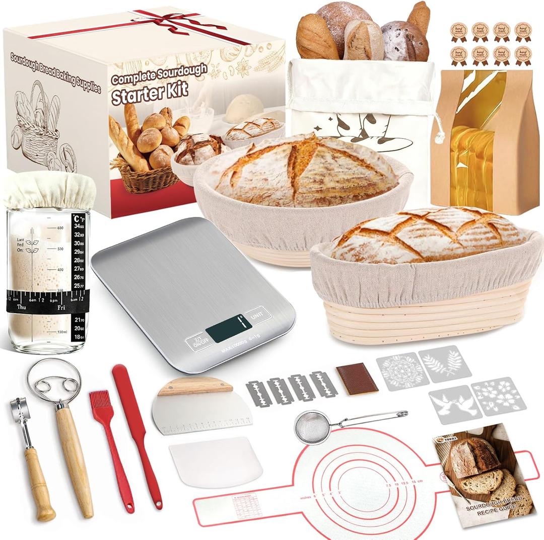 Sourdough Starter Kit with Scale, Glass Jar and Banneton Bread Proofing Basket - Complete Sourdough Bread Baking Supplies, Sour Dough Making Essentials Tools, Gift for Bakers Beginner Women Wife Mom