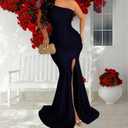 Sexy One Shoulder High Split Maxi Dresses for Women Elegant Bodycon Sleeveless Ruched Club Party Navy Blue Long Dress (Blue, L)