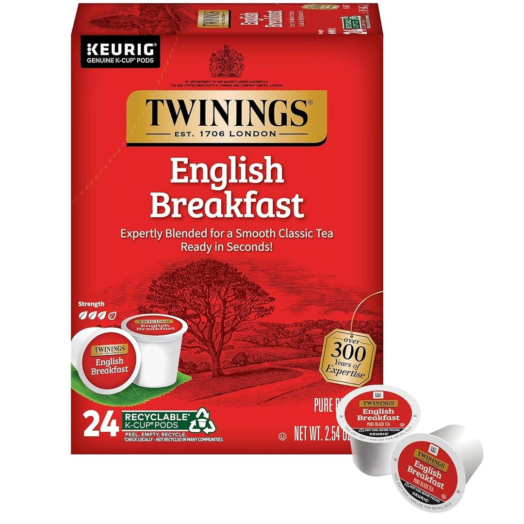 Twinings English Breakfast Black Tea K-Cup Pods for Keurig, 24 Count (Pack of 1), Smooth, Flavourful, Robust, Caffeinated, Enjoy Hot or Iced (EXP 03/02/29)