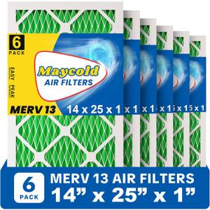 Maycold MERV 13 14x25x1 Air Filter (6-Pack), High-Efficiency Pleated AC & Furnace Filters, Actual Size: 13.70" x 24.70" x 0.75", Individually Wrapped in Plastic