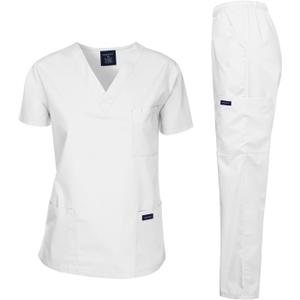 Dagacci Scrubs Medical Uniform Women and Man Scrubs Set Medical Scrubs Top and Pants (Small, White)
