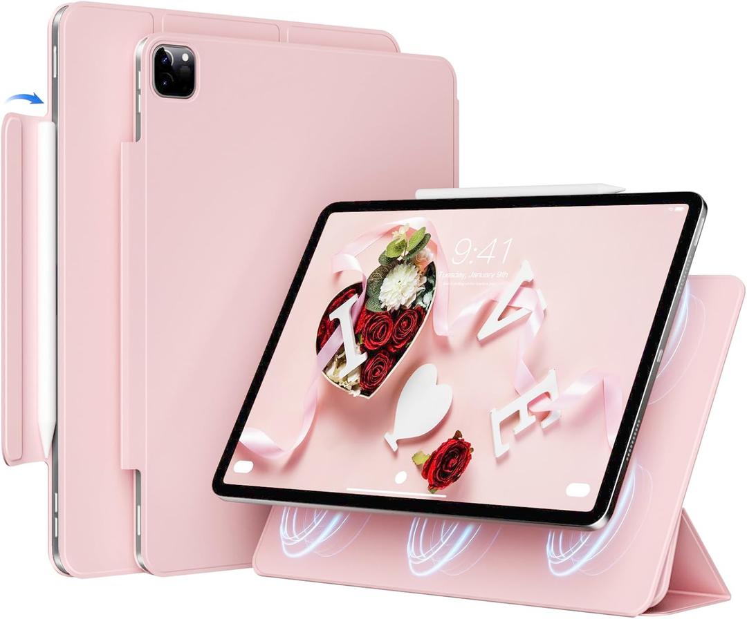 Magnetic Case for iPad Air 13 Inch M3/M2 (2025/2024), iPad Pro 12.9 inch 6th/5th Generation (2022/2021) | Auto Sleep/Wake | Pencil Pro & USB-C | Non-Slip PU Leather Protective Cover, Pink